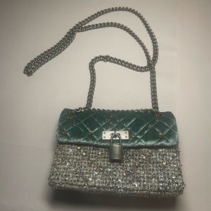KURT GEIGER mini Brixton sage green velvet silver TWEED lock crossbody bag purse